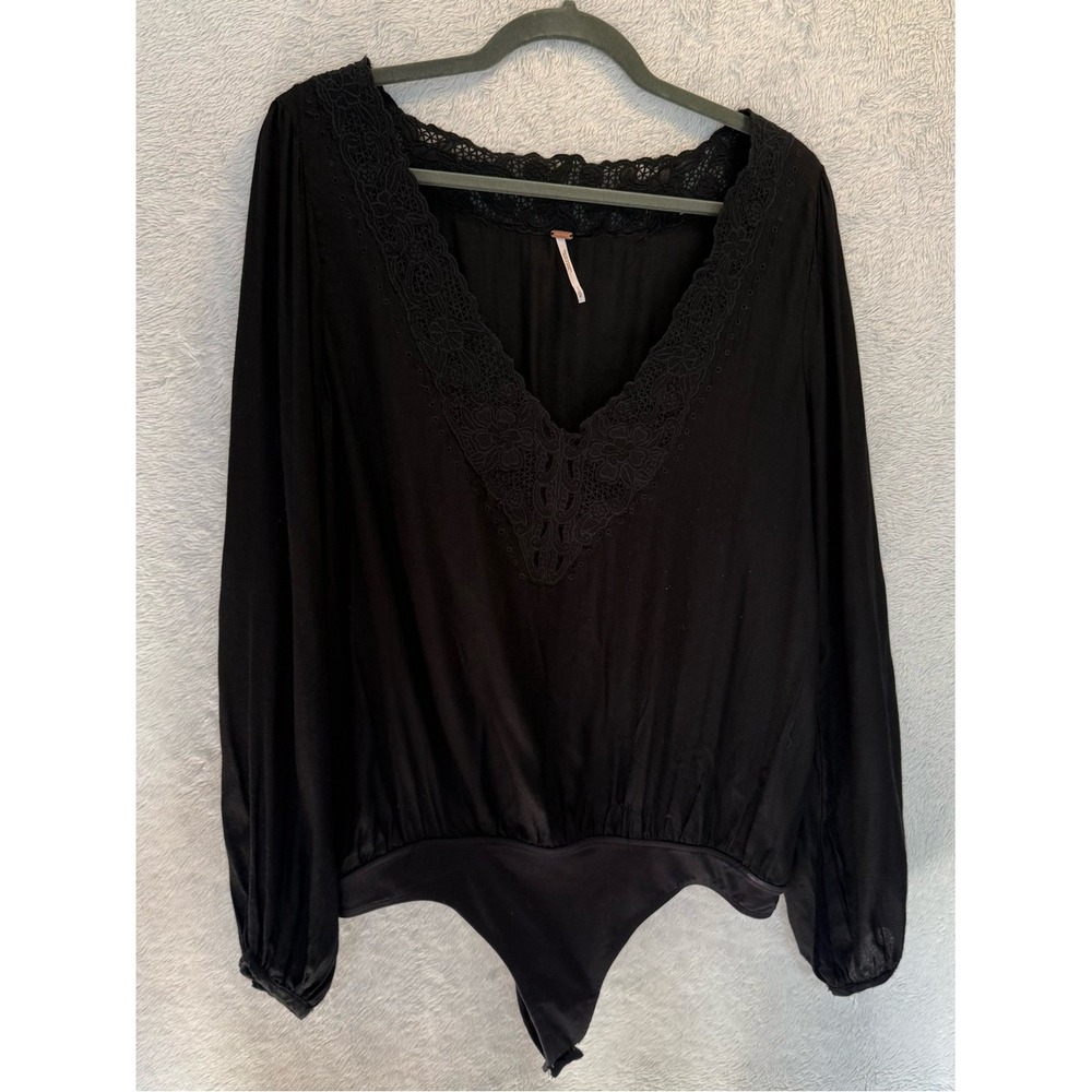 Medium Free People Black Lace Bodysuit Whimsigoth Dark Academia Romantic VNeck